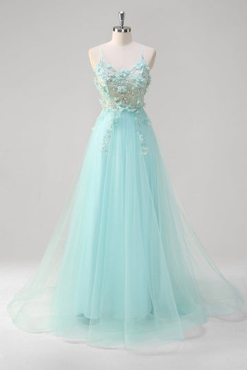 Groene A Line Spaghetti Bandjes Pailletten Tule Prom Dress Met 3D Bloemen